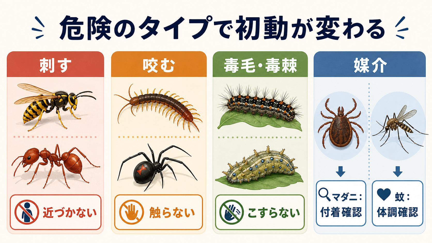 危険な虫を刺す、咬む、毒毛や毒棘、媒介の4タイプに分け、初動を示した図解