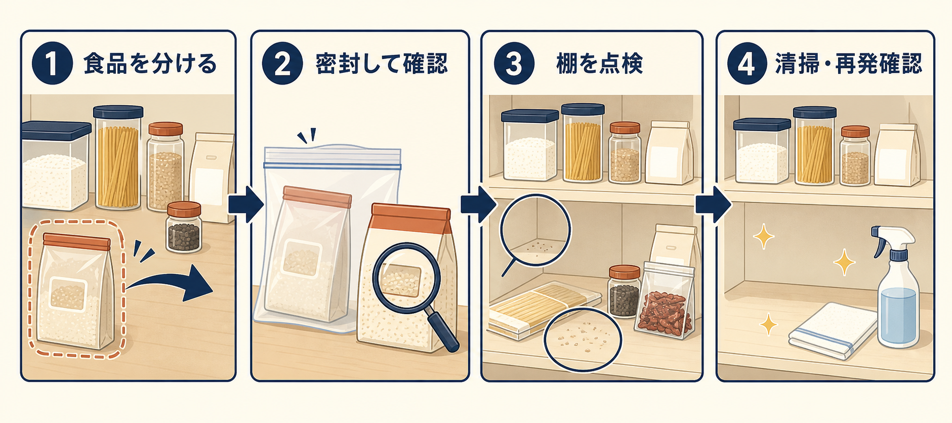 食品害虫を見つけた直後に食品を分け、密封して確認し、棚を点検し、清掃して再発を確認する4手順の図解