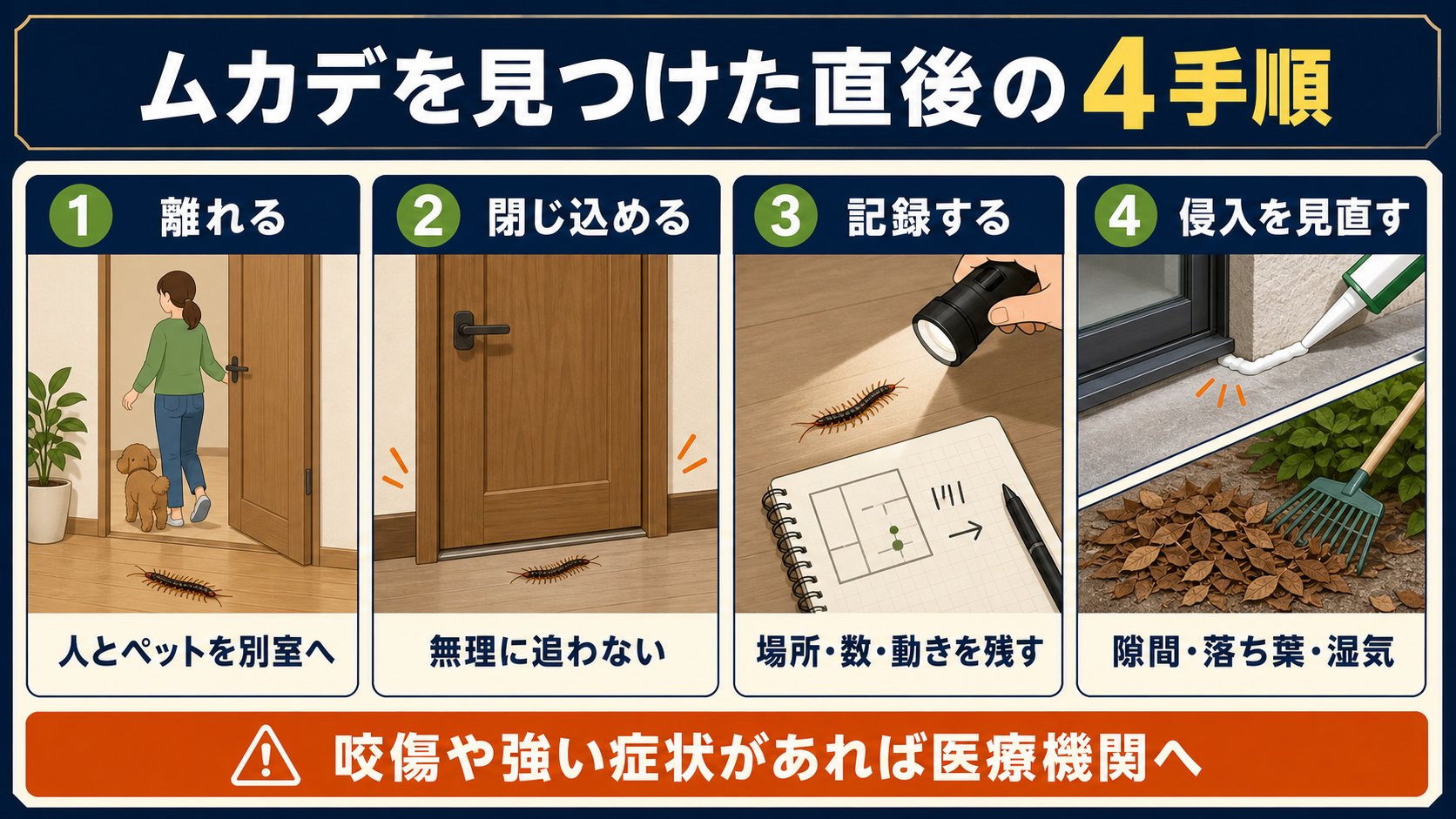 ムカデを見つけた直後に離れる、閉じ込める、記録する、侵入経路を見直す4手順の図解