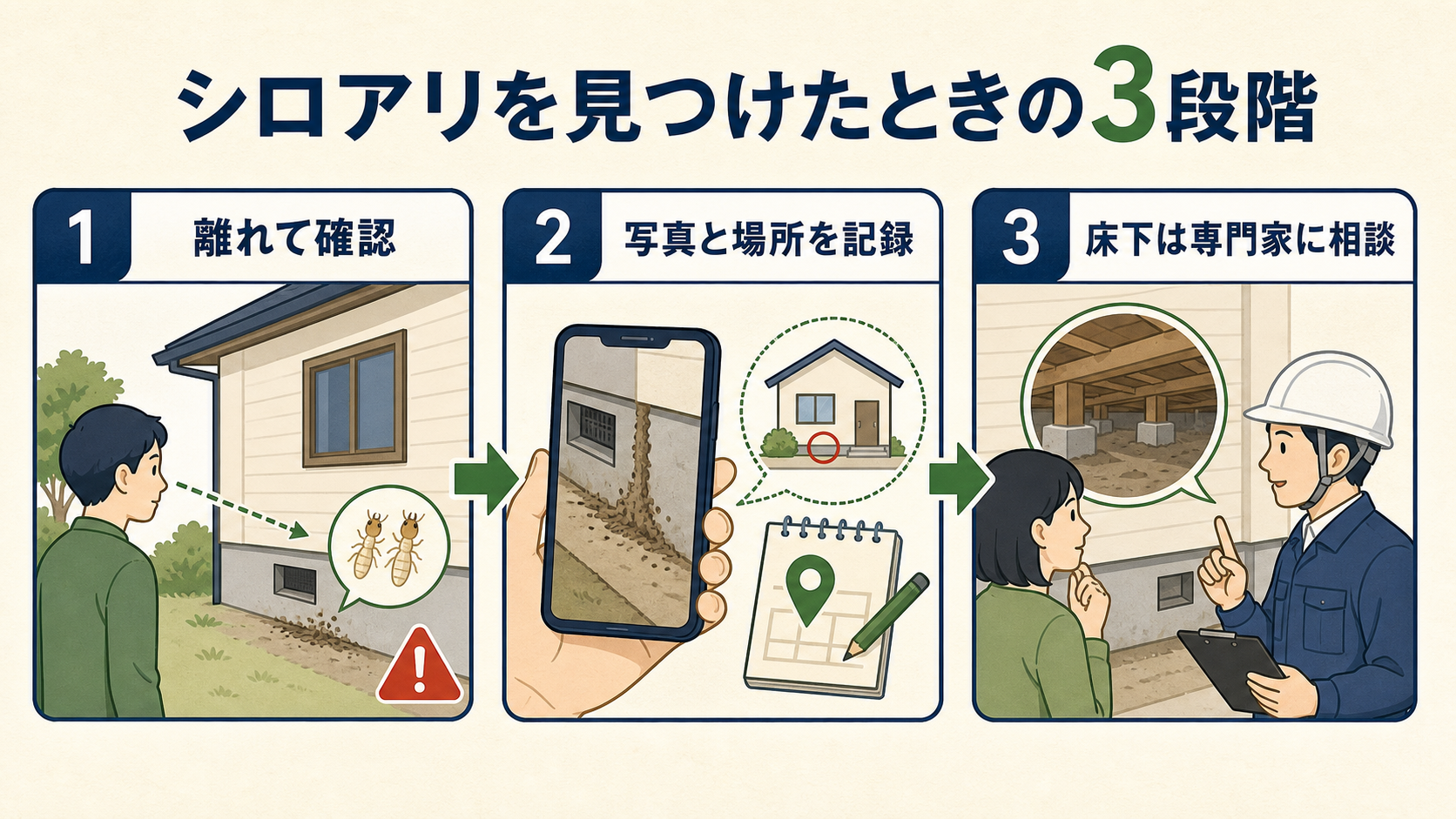 シロアリを見つけたときに離れて確認し、写真と場所を記録し、床下は専門家へ相談する3段階の手順図